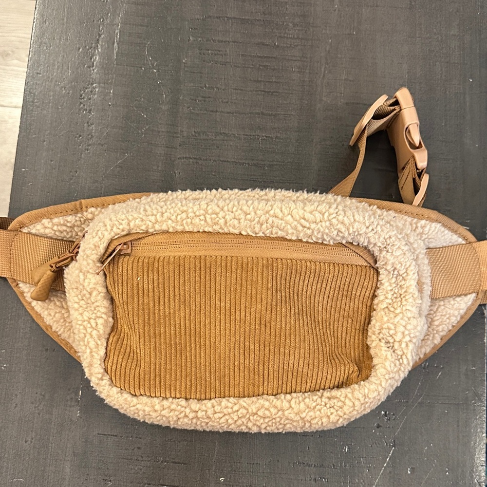 Tan and Cream Women's Sherpa Belt Bag